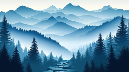 Obraz premium Misty mountain path, forest, serene landscape, travel poster