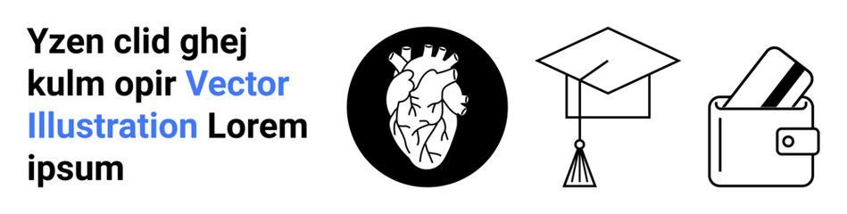 Text block includes a blue-highlighted phrase. An anatomical heart, a graduation cap, and a wallet with cards. Ideal for education, healthcare, finance, design, learning achievement