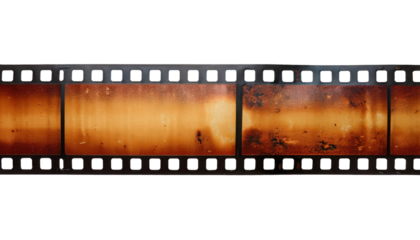 Vintage film strip with burnt orange tones and faded textures, isolated on white background.