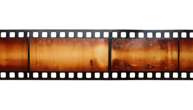 Vintage film strip with burnt orange tones and faded textures, isolated on white background.