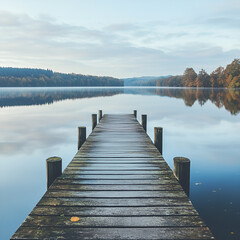 Obraz premium Serene Pier on a Misty Lake: Wooden pier stretches into a tranquil lake mirroring the cloudy sky and distant trees, evoking peace and calmness.