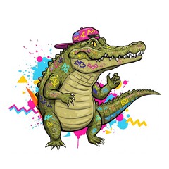 Obraz premium cool graffiti crocodile cartoon character with pink hat and colorful background