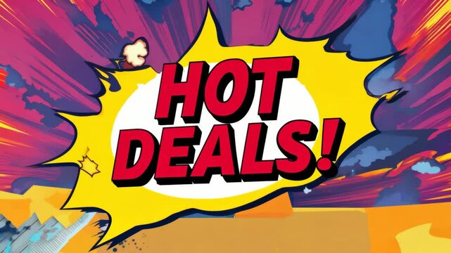 A large deal sign with a colorful explosion in the background. The sign says "huge deals!" and is surrounded by a blue sky