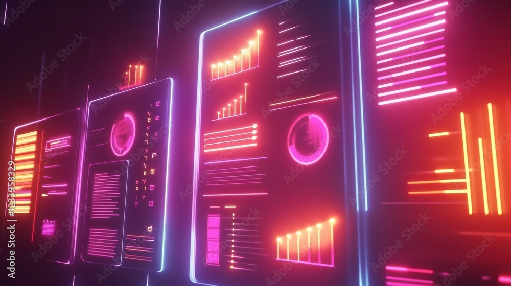 Poster a vibrant, futuristic display of data visualizations featuring glowing graphs and charts in neon col