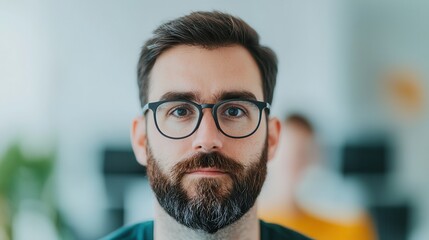 Obraz premium Career development thrives through professional networking, mentorship, and strategic growth. Focused man with glasses and a beard in a modern workspace.