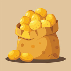 Potato tubers, vector illustration. Farm potatoes in a burlap sack, bunch. Harvested root crops isolated on white