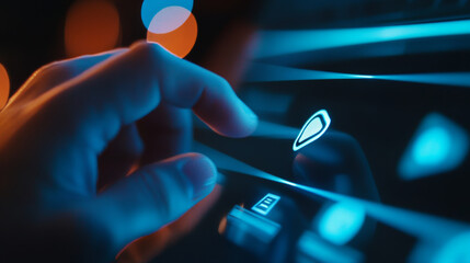 Hands man push start button on touch screen to run video clip