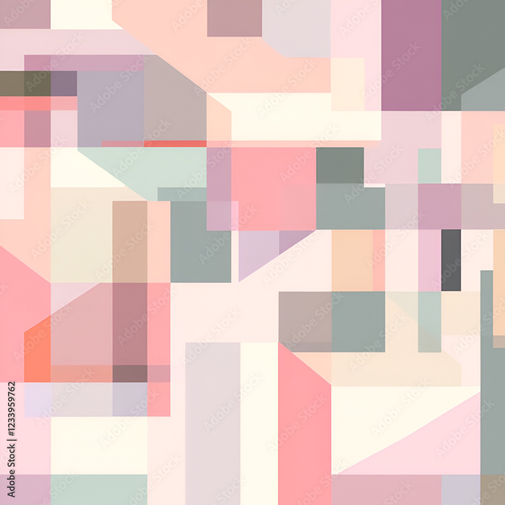 Poster geometric abstraction: an intricate geometric composition of overlapping shapes in a pastel palette,