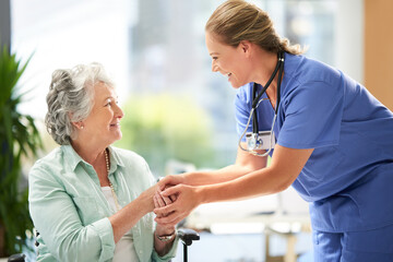 Obraz premium Nurse, holding hands or old woman with a disability in wheelchair for assisted living or support. Good news, hospital healthcare or happy senior patient with caregiver for comfort or medical advice