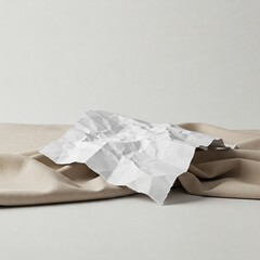 minimalist beige fabric with crumpled white paper on a white background