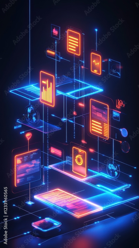 Poster a futuristic digital interface showcasing glowing data visualizations and interactive elements in vi