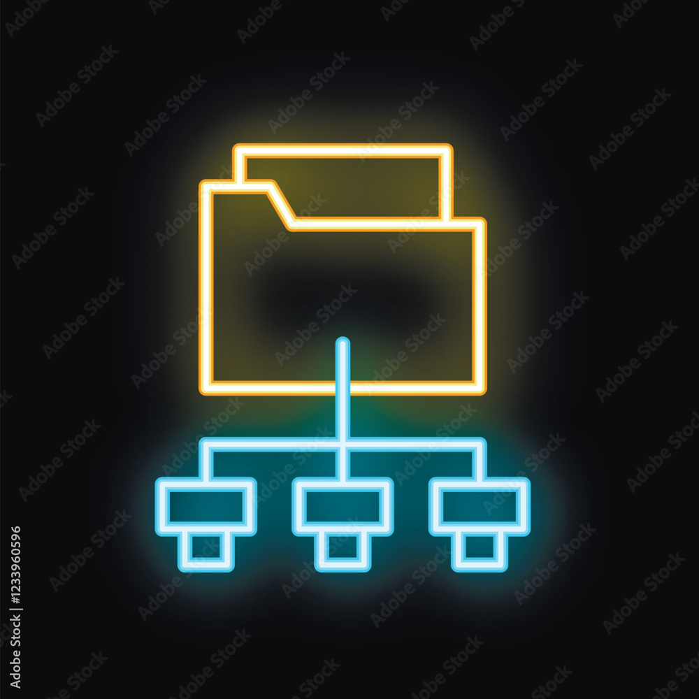 Poster neon glowing icon of a data network sharing a digital folder, representing cloud computing and data 