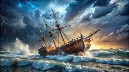 Fototapeta premium Weathered wooden hull of an ancient sailing vessel battered by torrential rain and howling thunderstorm, with waves crashing against the ship's worn deck, ocean storm, nautical