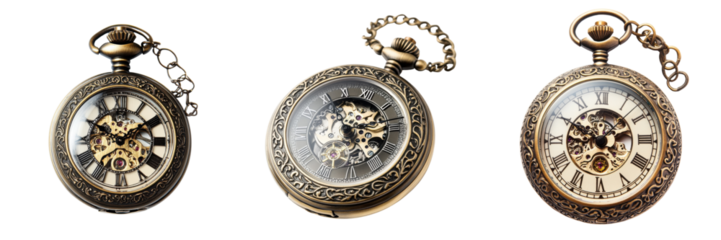 A Set of Classic Vintage Pocket Watch with Intricate Chain Details Isolated on transparent Background