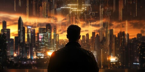 Businessman watching digital data flowing over smart city skyline at sunset