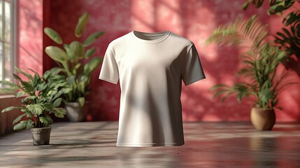 A plain white t-shirt displayed in a bright, plant-filled room with red walls and sunlight