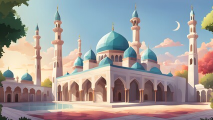 Obraz premium Serene illustration of a majestic turquoise and white mosque at sunset, featuring intricate architectural details and a tranquil courtyard.