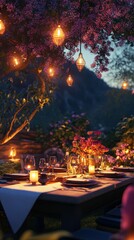 A beautifully lit outdoor dining setup under flowering trees, featuring candles and floral arrangements, perfect for a cozy evening gathering.
