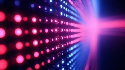 Obraz premium Vibrant pink blue LED wall glows intensely creating futuristic abstract backdrop. AI Generated