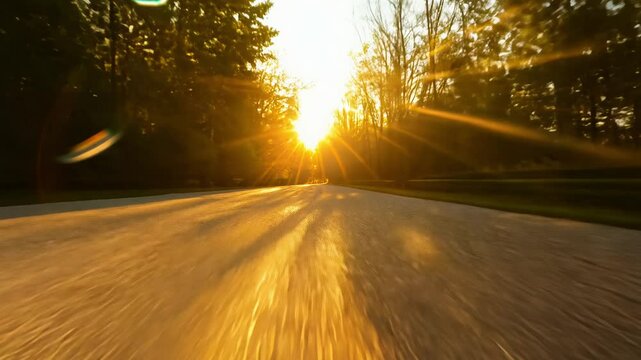 Fast forward, motion blur video, golden hour lighting, camera accelerates down a tree-lined driveway, warm light casting long shadows, intense sensation of speed
