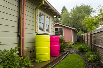 Sustainable Housing, Brightly colored rain barrels sit beside a house, showcasing an eco-friendly approach to water conservation in a lush garden setting.