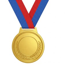 gold medal with blue and red ribbon isolated on white background