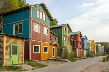 Sustainable Housing, A colorful row of modern houses with vibrant facades, showcasing various hues against a serene backdrop.