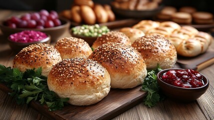 Purim celebration Freshly baked bread rolls with seeds and assorted side dishes on wooden table