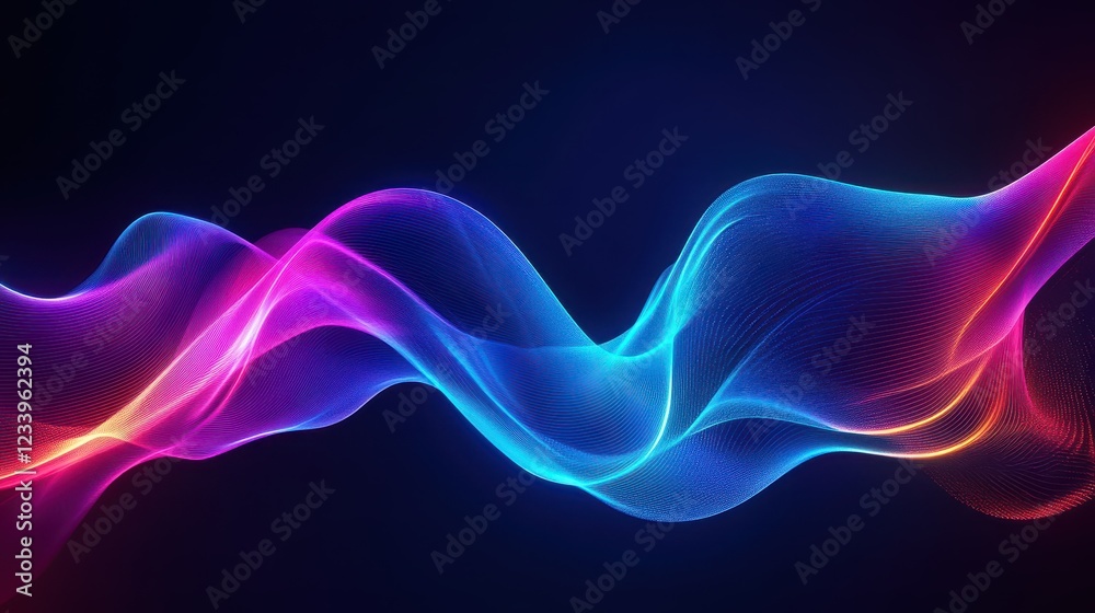 Poster abstract neon blue and pink waves with smooth curves and soft shadows, creating a fluid gradient mot