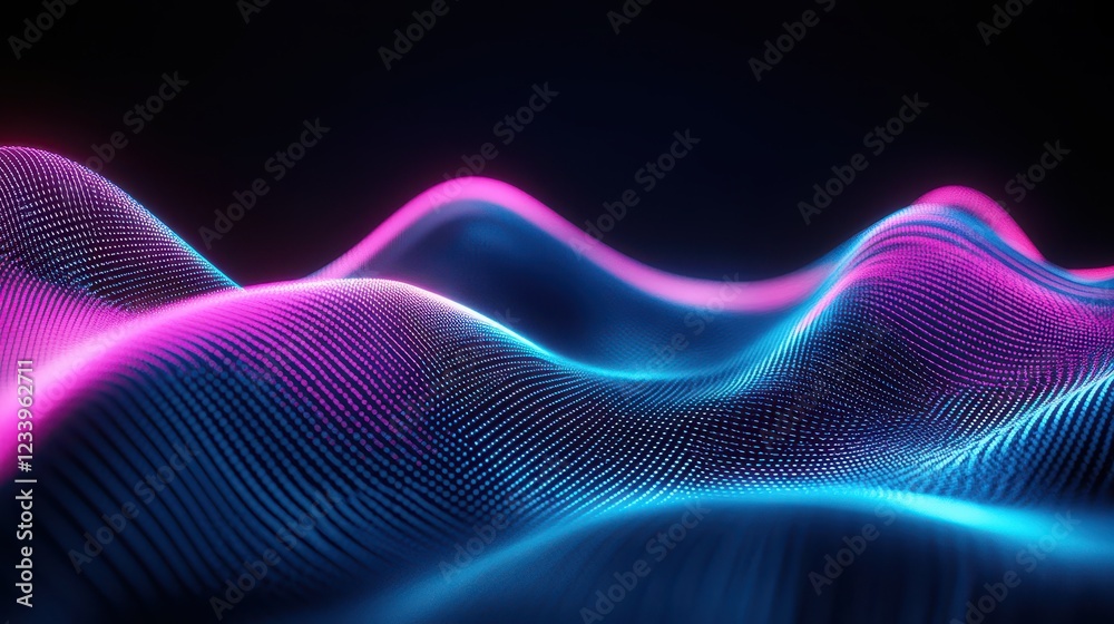 Aufkleber Abstract neon blue and pink waves with smooth curves and soft shadows, creating a fluid gradient motion against a clean, modern background. The design features dynamic lines and a minimal backdrop.