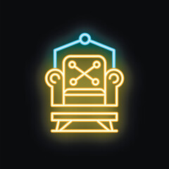 Neon icon of comfortable armchair with footrest glowing on black background, concept of furniture store or interior design