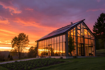 Obraz premium Sustainable Housing, A modern glass house bathed in vibrant sunset colors, surrounded by greenery and trees, showcasing contemporary architecture against a picturesque sky.