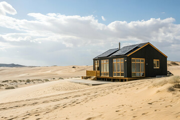 Sustainable Housing, A modern black house sits on sandy dunes under a blue sky, showcasing a blend of nature and architecture in a serene, picturesque landscape.