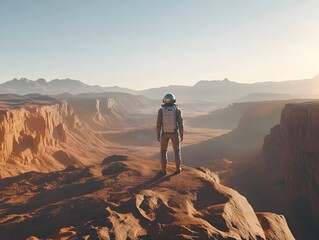 A lonely astronaut stands in a desolate Martian landscape