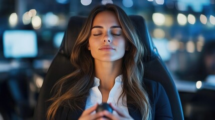 Calm and Focused Woman in a Relaxed State at Work, Embracing Serenity Amidst the Busy Office Environment, with Soft Glow from Computer Screens Around Her