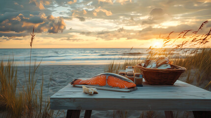 Fresh orange salmon placed on the table, in the beach.  AI generated images.	