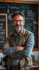 Confident Mature Man with Gray Hair and Glasses Arms Crossed in Casual Vest Near Chalkboard