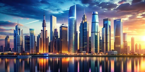 A futuristic cityscape with sleek skyscrapers and a dynamic background that shifts between different images of urban landscapes at different times of day, technology, parallax