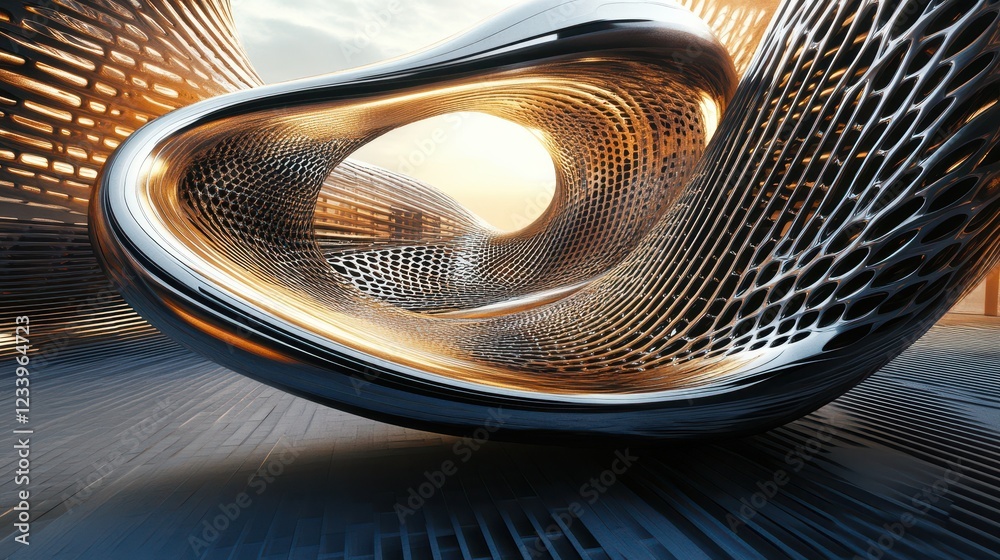 Poster An abstract futuristic shape with a sleek, 3D render showcases cutting-edge design and modern aesthetics.