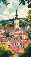 Obraz premium Illustration, Cityscape of Ceský Krumlov in Czech Republic, touristic advertisement poster. Beautiful city at Moldau (Vltava) river in czech republic. Wonderful must-see tourist destination in Europe.