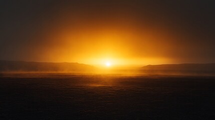 Naklejka premium Golden Sunrise Mist Shrouds Quiet Landscape. AI Generated