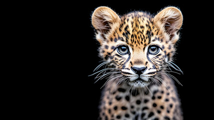 Obraz premium Adorable leopard cub portrait, dark background, wildlife conservation