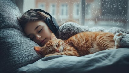 Girl and Cat Nap Peacefully by Rainy Window with Headphones
