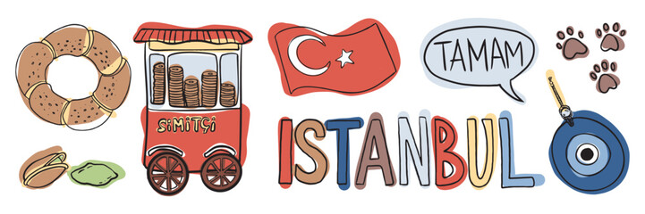 A collection of Istanbul icons, including a simit cart, Turkish flag, and street signs. A colorful illustration celebrating Turkish heritage, food, and urban culture.