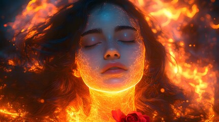 Hyperrealistic woman brown hair half skeletal face eyes closed neon lights swirl like flames around her fractal rose beside cosmic void dramatic lighting mysterious cinematic effect