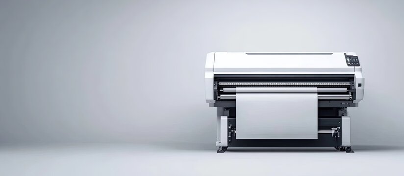 Large format printer with blank paper roll.