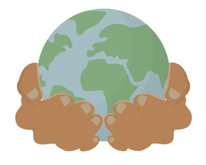 Cupped Hands Holding Earth Globe isolated on transparent background. Environmental Protection. Global environmental stewardship and care. Earth day concept. Save nature. Flat style.Vector illustration