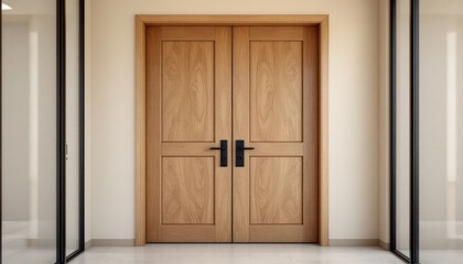 Solid oak double doors with matte black hardware in a modern minimalist setting