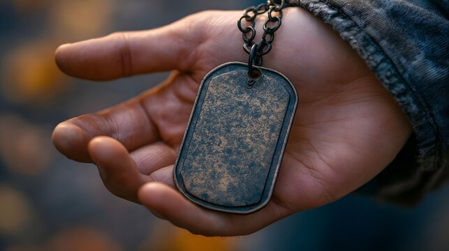 Antique Bronze Dog Tag Pendant on a Hand Close up View - Powered by Adobe