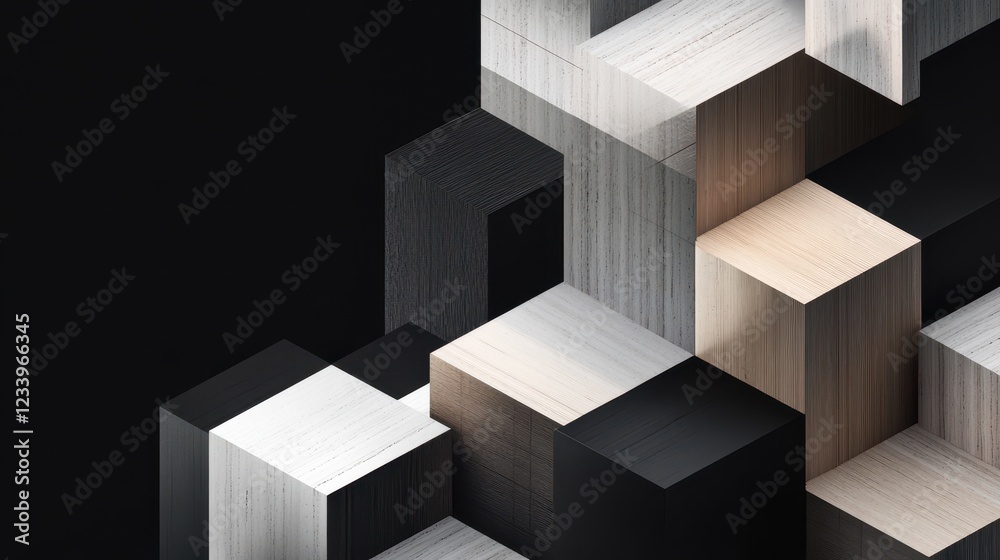 Poster An abstract geometric composition featuring 3D-rendered blocks set against a black background.